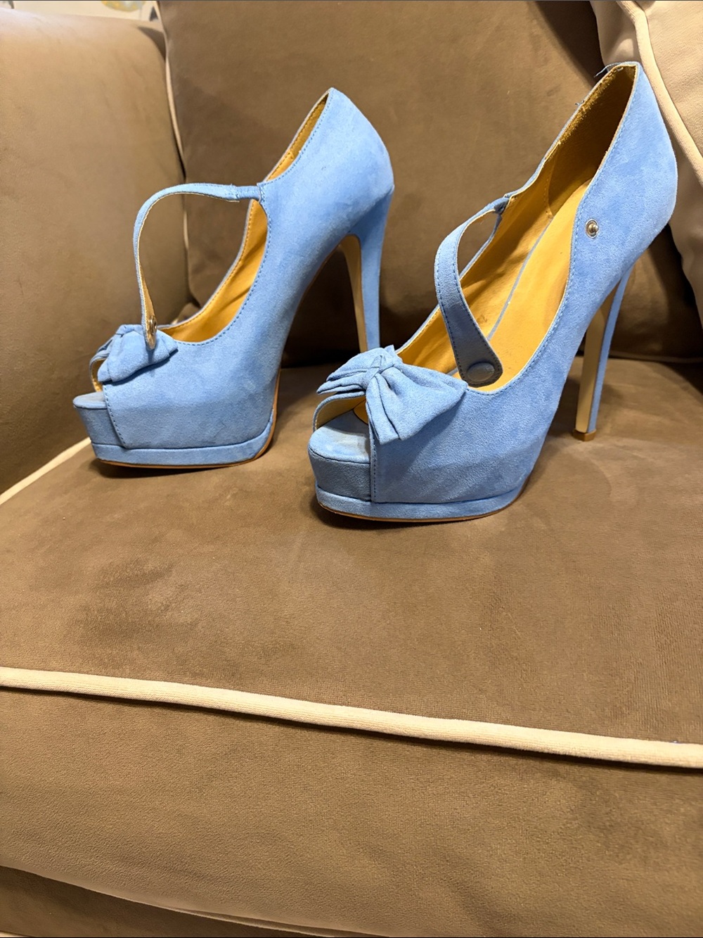 JustFab Light Blue Suede Peep-Toe Platform Heels with Bow Strap